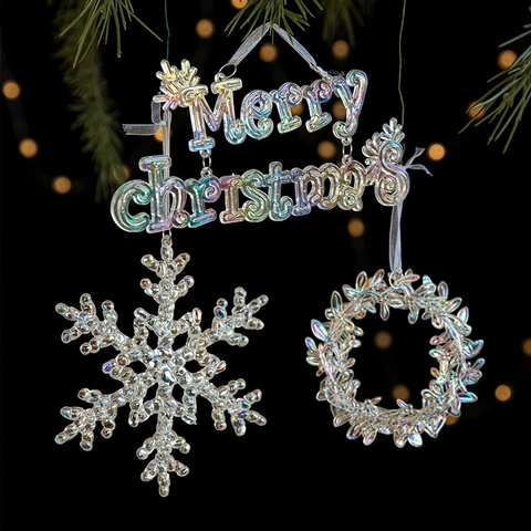 Ornements D'Arbre De Noël Irisés Pendentifs Suspendus Acrylique Transparent Cristal Flocon De Neige Renne Décor
