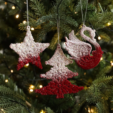 Addobbi Natalizi Rossi Floccati Glitter Fiocco Di Neve Renna Stella Decorazioni Appese Arredamento Albero Di Lusso