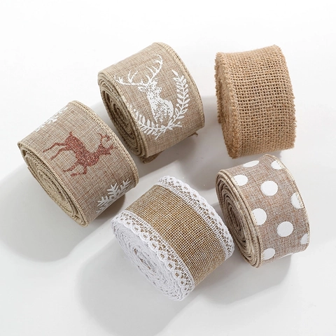Christmas Burlap Ribbon Festive Elk Snowflake Pattern For Gift Wrapping DIY Crafts Rustic Tree Decoration Wrapping Accessory