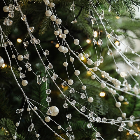 Christmas Artificial Pearl And Crystal Bead Garland String For Tree Decoration Artificial White Silver Wire Hanging Ornament