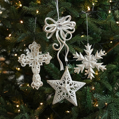 Ornamenti Appesi Per Albero Di Natale Bianco Scintillante Angelo Fiocco Di Neve Stella Farfalla Croce Fiocco Decorazione