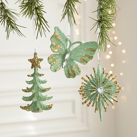 Weihnachtsbaum Hängende Ornamente Minzgrün Gold Glitzer Kunststoff Schmetterling Stern Glocke Ballerina Für Weihnachtsfeier Dekor