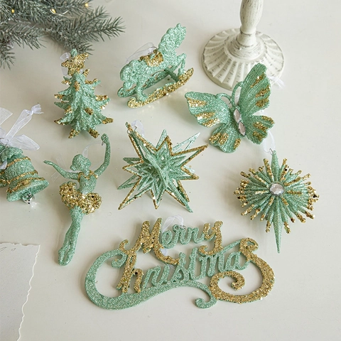 Weihnachtsbaum Hängende Ornamente Minzgrün Gold Glitzer Kunststoff Schmetterling Stern Glocke Ballerina Für Weihnachtsfeier Dekor