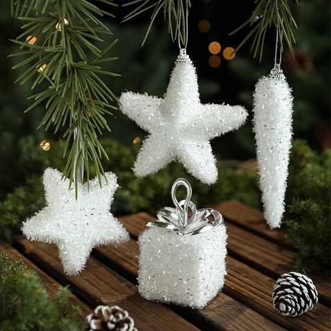 Addobbi Natalizi in Schiuma Glitterata Bianca Stella Ghiacciolo Scatola Regalo Decorazioni da Appendere per Festa di Natale Casa