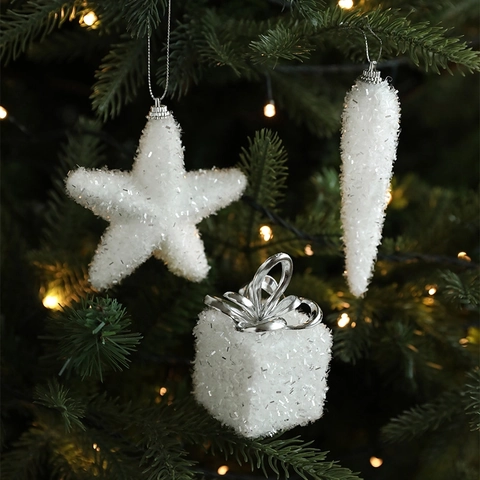 Addobbi Natalizi in Schiuma Glitterata Bianca Stella Ghiacciolo Scatola Regalo Decorazioni da Appendere per Festa di Natale Casa