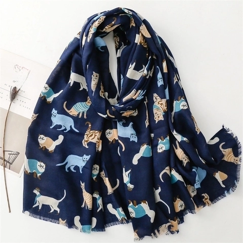 Écharpe en Polyester Imprimé Chat de Dessin Animé pour Femmes Châle Chaud à la Mode avec Franges à Glands pour Voyage Quotidien Automne Hiver