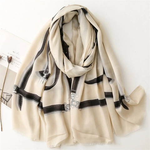 Women Elegant Scarf Shawl Cotton Polyester Blend Retro Belt Strap Chain Print Tassels Large Soft Warm Wrap