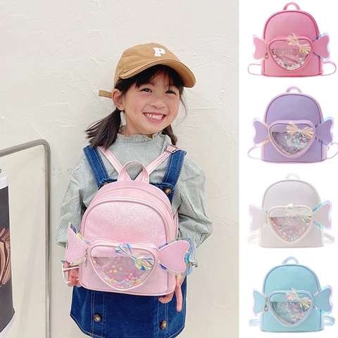 Kids Backpack Glitter PU Sequin Heart Transparent Window Angel Wings Princess Toddler Schoolbag Girls Cute Miniature