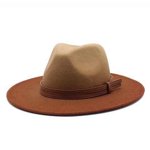 Fedora Hut Wollfilz Gradient Kontrastfarbe Breite Krempe Lederband Retro Jazz Stil Herren Damen