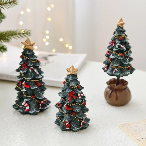 Mini Christmas Tree Desktop Ornament Resin Figurine Decorative Miniature For Holiday Home Table Decor