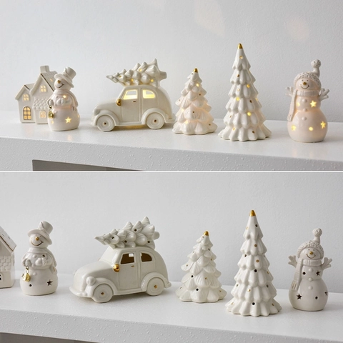 Weihnachts Keramikfigur LED Leuchtender Schneemann Baum Auto Desktop Deko Weiß Glasiert Warmes Glühen Elegantes Ornament