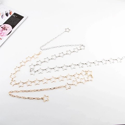 Women Chain Belt Hollow Out Star Metal Waist Chain Adjustable Link Dress Accessory For Ladies Gold Silver Colors