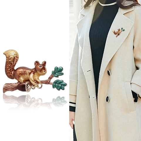Squirrel On Branch Enamel Brooch Alloy Animal Pin With Acorn Detail Vintage Style Fashion Jewelry For Women