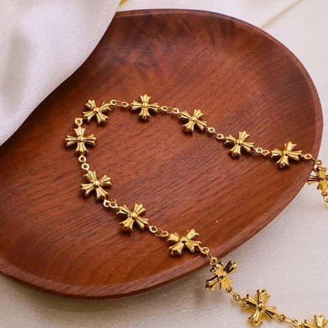 Set di Gioielli con Collana e Bracciale con Ciondolo a Croce in Acciaio Inossidabile Vintage per Donna Gioielli in Oro Bizantino Gotico a Catena Cubana