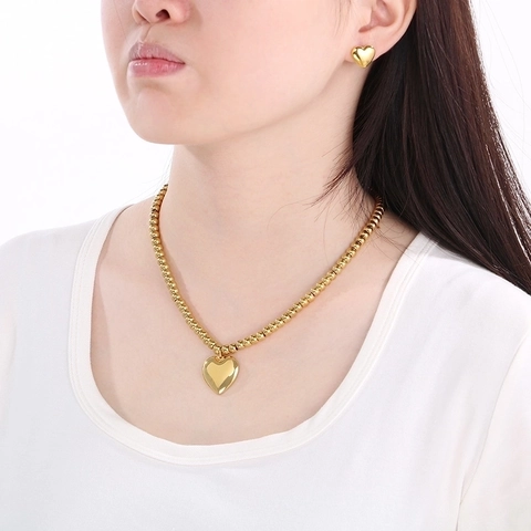 Stainless Steel Heart Pendant Ball Chain Necklace And Smooth Heart Stud Earrings Fashion Jewelry For Women