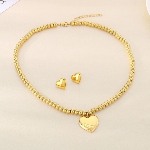Stainless Steel Heart Pendant Ball Chain Necklace And Smooth Heart Stud Earrings Fashion Jewelry For Women