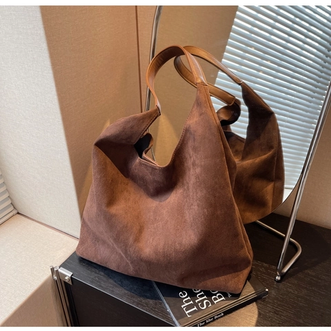 Large Tote Shoulder Bag Suede Fleece Minimalist Retro Commuter Hobo Handbag Women