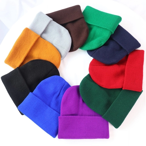 Solid Color Knitted Beanie Hat Warm Acrylic Cuffed Ribbed Winter Pullover Skull Cap For Men And Women