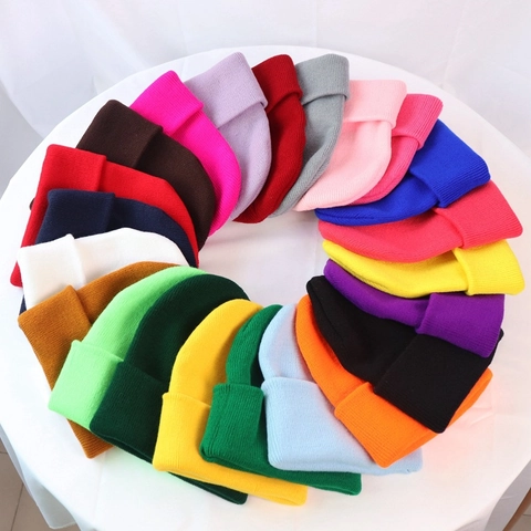 Solid Color Knitted Beanie Hat Warm Acrylic Cuffed Ribbed Winter Pullover Skull Cap For Men And Women