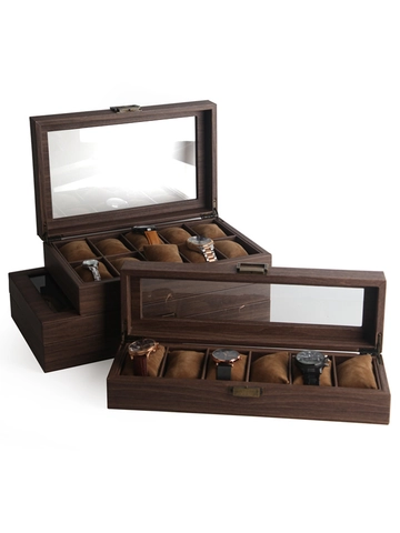 Watch Box Organizer Wood Grain Leather With Glass Window And Velvet Lining For Jewelry Storage Display Vintage Style