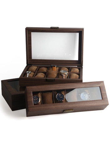 Watch Box Organizer Wood Grain Leather With Glass Window And Velvet Lining For Jewelry Storage Display Vintage Style