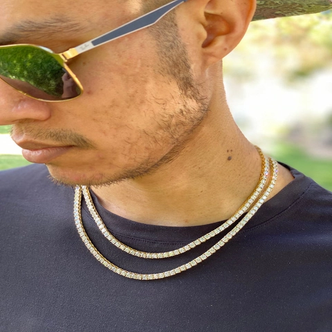 Collana Tennis Uomo Zirconia Cubica Rotonda Fila Singola Lega Placcata Oro Argento Gioielli Hip Hop