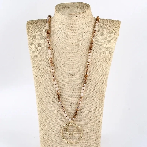 Bohemian Natural Stone Alloy Double Ring Pendant Long Necklace Beaded Sweater Chain Handmade Fashion Jewelry For Women