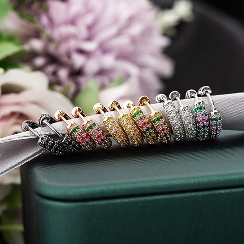 Copper Huggie Hoop Earrings With Micro Pave Cubic Zirconia Colorful Sparkling Geometric Jewelry For Women