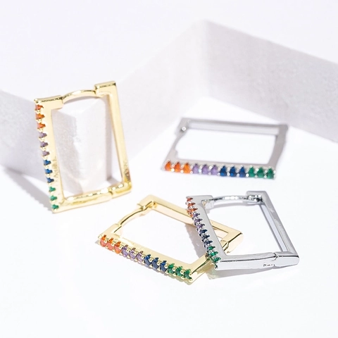 Fashion Rectangle Geometric Copper Hoop Earrings For Women With Colorful Rhinestone Inlaid Rainbow Stone Daily Jewelry