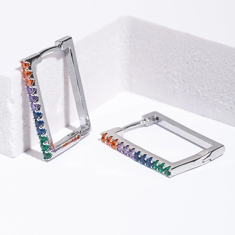 Fashion Rectangle Geometric Copper Hoop Earrings For Women With Colorful Rhinestone Inlaid Rainbow Stone Daily Jewelry
