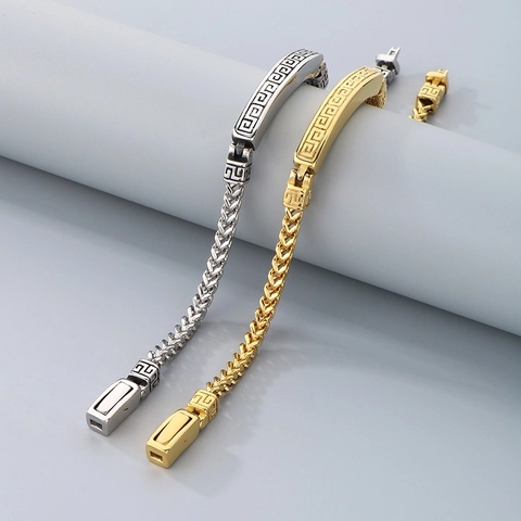 Men Stainless Steel Bracelet Greek Key Meander Pattern Retro Franco Chain Hip Hop Jewelry For Men