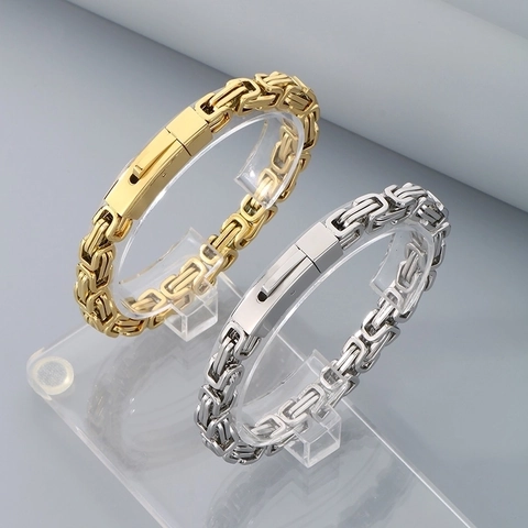Men Byzantine Chain Bracelet Stainless Steel Heavy Punk Hip Hop Jewelry For Male With Square Clasp