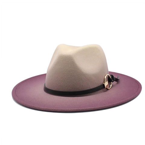 Wool Felt Fedora Hat Wide Flat Brim Gradient Color Jazz Cap With Leather Band Gold Ring Buckle Vintage Unisex