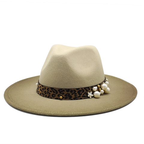 Breitkrempiger Fedora Hut Wollfilz Zweifarbig Leopardenband Künstliche Perle Blumen Deko Elegant Retro Jazz Western Stil
