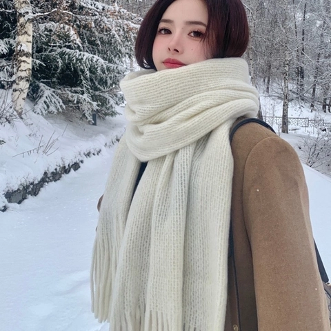 Sciarpa in Maglia Stile Coreano Donna Invernale Calda Tinta Unita Lungo Scialle Con Nappine Scaldacollo in Poliestere Accessorio Moda