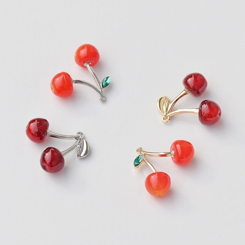 Realistic Cherry Charms Alloy Resin Pendants With Rhinestone Leaf For DIY Jewelry Making Sweet Fruits Jewelry Findings