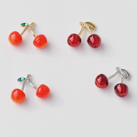 Realistic Cherry Charms Alloy Resin Pendants With Rhinestone Leaf For DIY Jewelry Making Sweet Fruits Jewelry Findings