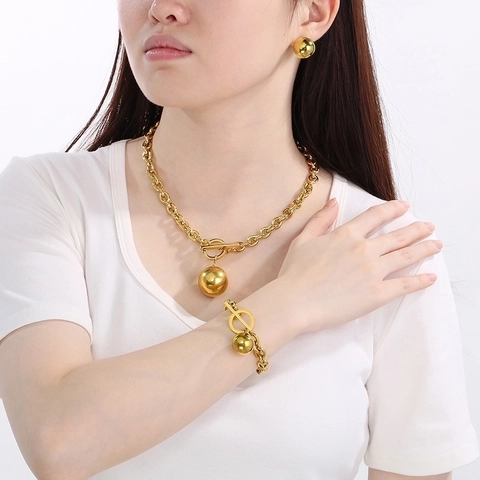 Stainless Steel Necklace Bracelet Earrings Large Hollow Ball Pendant Thick Cable Link Chain Toggle Clasp Punk Jewelry