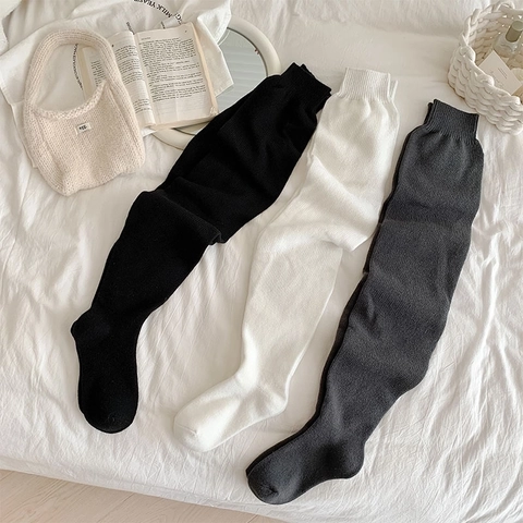 Women Over The Knee Slouch Socks Knitted Cotton Blend Ribbed Thick Warm Winter Boot Leg Warmers Japanese Style Solid Color
