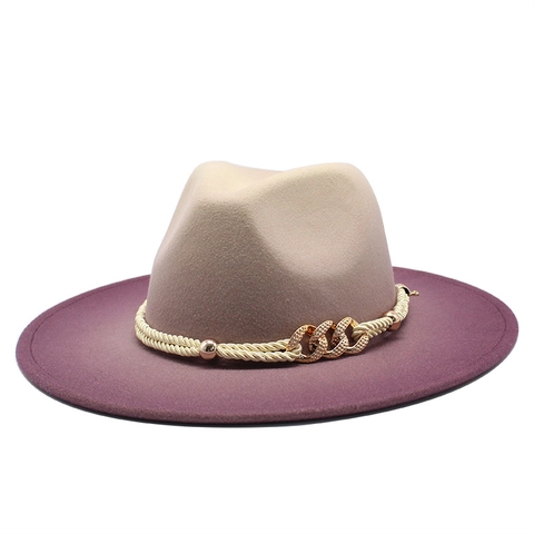 Zweifarbiger Gradient Wollfilz Fedora Hut Breitkrempiger Jazz Hut Mit Geflochtenem Seil Und Metallkette Für Herren Damen