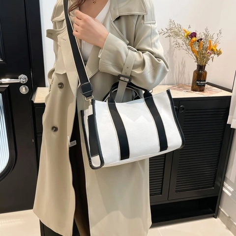Bolso Tote de Lona para Mujer Cinta en Contraste Gran Capacidad Viaje Diario Hombro Bandolera Bolso de Moda