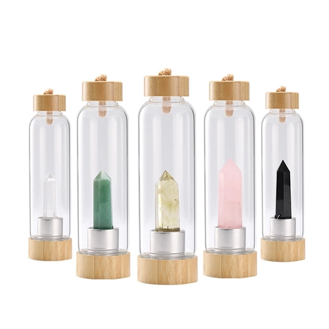 Borosilicate Glass Water Bottle With Natural Bamboo Lid And Healing Crystal Pillar Eco Friendly Drinking Glass