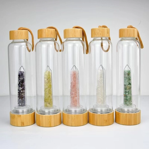 Crystal Energy Water Bottle Natural Stone Borosilicate Glass With Bamboo Lid Eco Friendly Portable Drinkware Luxury Style