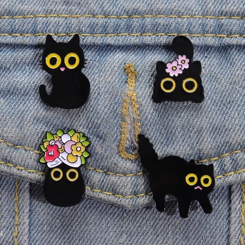 Cartoon Schwarze Katze Blume Emaille Brosche Pin Niedliche Tier Topfpflanze Legierung Abzeichen Für Kleidung Rucksack Zubehör Unisex Schmuck