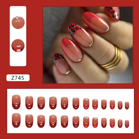 Uñas Postizas De Presión Francesas Con Estampado De Leopardo Rojo Forma Ovalada Decoración De Diamantes De Imitación ABS Para Mujeres
