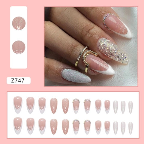 Faux Ongles Style Français Lignes Minimalistes Blanches Strass Paillettes Forme Amande Longs Ongles Pour Femmes
