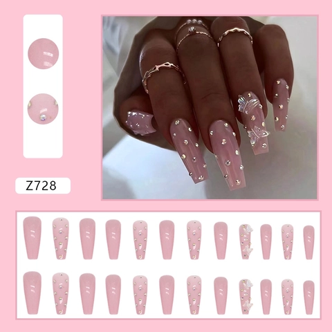 Unghie Finte Coffin Plastica Rosa Con Farfalle Cristallo 3D E Strass Lunghe Ballerina Lucide Eleganti Per Donne