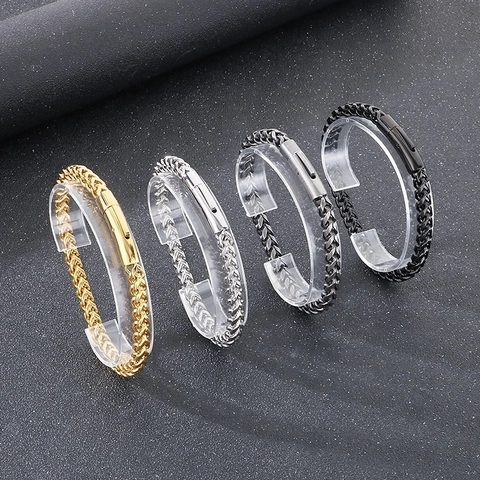 Men Stainless Steel Franco Chain Bracelet Retro Industrial Woven Mesh Punk Style Jewelry With Buckle