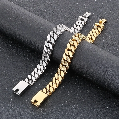 Bracciale A Maglia Cubana In Acciaio Inossidabile Con Strass Stile Hip Hop Streetwear Da Uomo