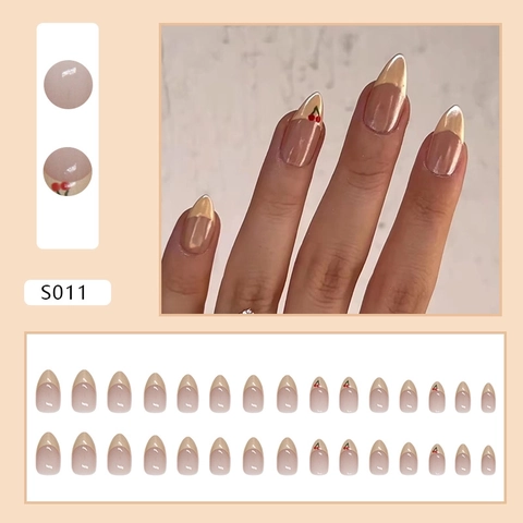 Unghie Finte A Pressione Stile Francese Motivo Ciliegia Forma Mandorla Rosa Crema Bordo Oro Punte In Plastica Artificiale Donne